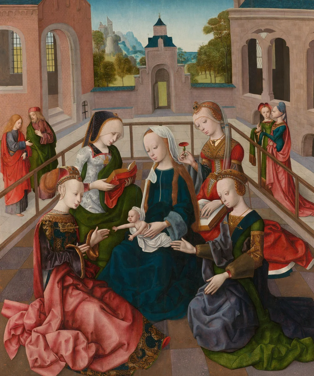 Maria met Jezus en vier heilige maagden by Master of the Virgo inter Virgines, painting, 1495-1500