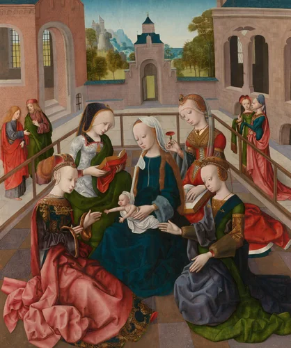 Maria met Jezus en vier heilige maagden by Master of the Virgo inter Virgines, painting, 1495-1500