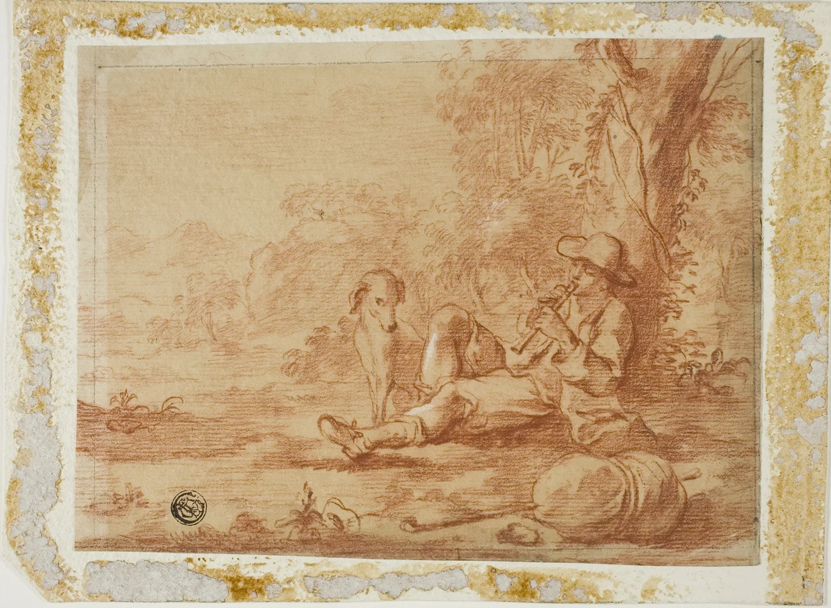 Seated Shepherd Playing the Pipe Under a Tree by Unknown Artist, drawing, 1700-1799
