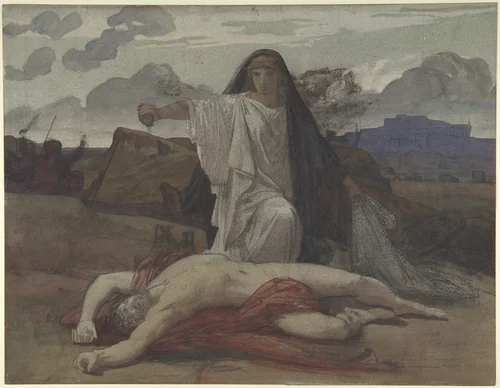 Antigone Gives Token Burial to the Body of Her Brother Polynices by Jules Eugène Lenepveu, drawing, 1835-1898