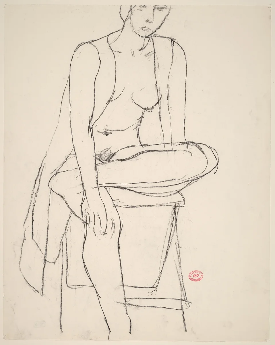 Untitled [seated nude with her shirt open crossing her leg] by Richard Diebenkorn, drawing, 1955-1967