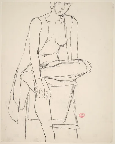 Untitled [seated nude with her shirt open crossing her leg] by Richard Diebenkorn, drawing, 1955-1967