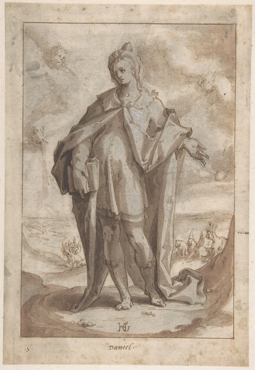 The Prophet Daniel in a Landscape by Hendrick Goltzius, drawing, 1570-1617