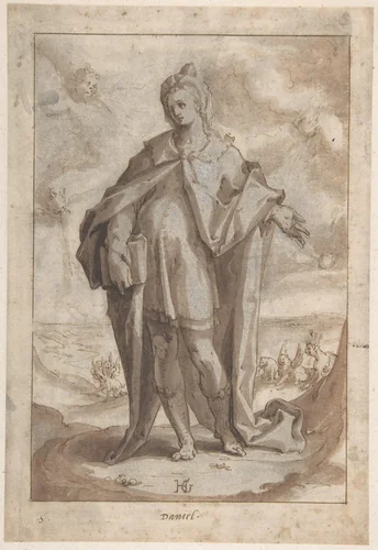 The Prophet Daniel in a Landscape by Hendrick Goltzius, drawing, 1570-1617