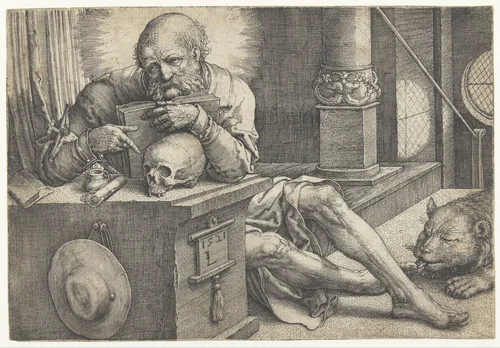 De heilige Hieronymus in zijn studeerkamer by Unknown, print, 1521