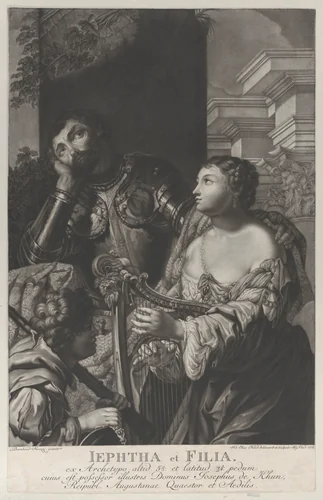 Jephtha dressed in armor looking up in despair, and his daughter holds a harp at right by Johann Elias Haid, print, 1775