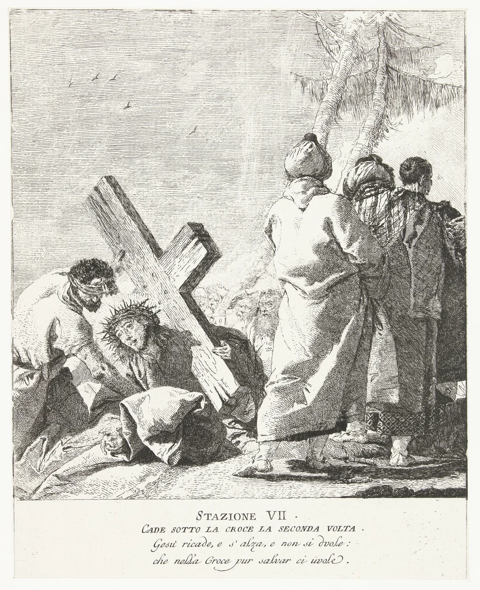 Christus bezwijkt voor tweede keer bij kruisdraging by Giovanni Domenico Tiepolo, print, 1747-1749