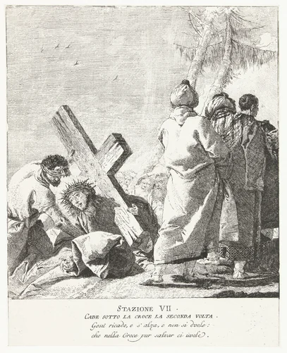 Christus bezwijkt voor tweede keer bij kruisdraging by Giovanni Domenico Tiepolo, print, 1747-1749