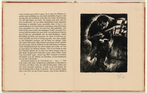 Akaki zeigt dem Schneider die auszubessernden Stellen (Akaki Shows the Tailor the Areas to be Mended) (plate 3) from Der Mantel (The Coat) by Walter Gramatté, volume, 1919