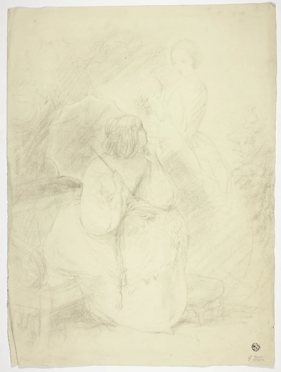 Two Women in a Park by Frank Stone, drawing, 1820-1859
