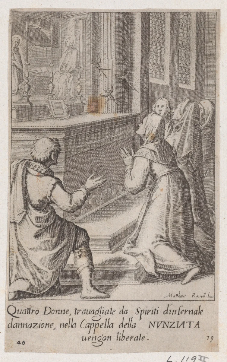 The Four Women, from Scelta d'Alcuni Miracoli e Grazie della Santissima Nunziata di Firenze (Selection of Some Miracles and Graces that Occurred in the Church of the Annunziata in Florence) by Jacques Callot, print, 1611-1619