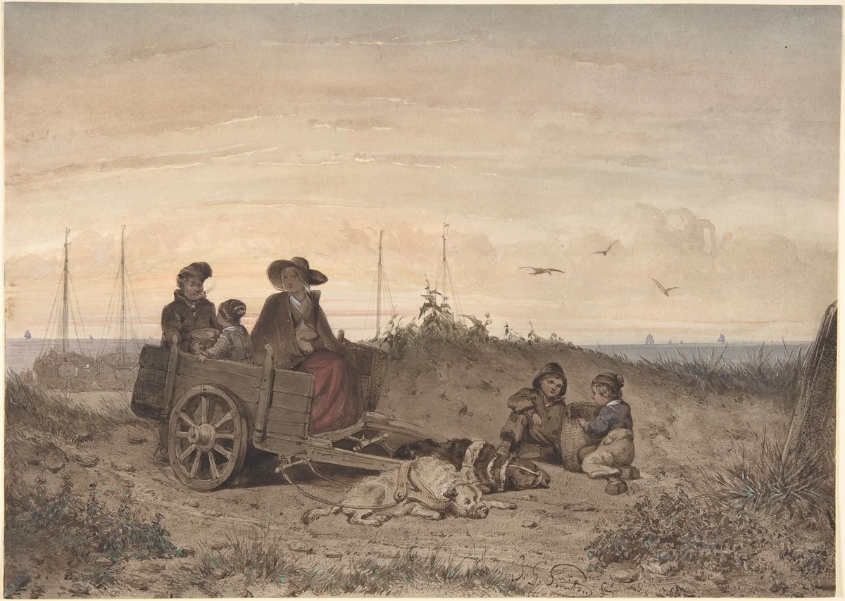 A Fisherman's Family at the Beach, the Mother and One of the Children Sitting in a Cart by Jan Gerard Smits, drawing, 1855