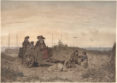 A Fisherman's Family at the Beach, the Mother and One of the Children Sitting in a Cart by Jan Gerard Smits, drawing, 1855