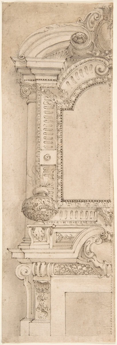 Design for the left half of a chimneypiece by anonymous, drawing, 1600-1700