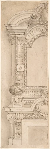 Design for the left half of a chimneypiece by anonymous, drawing, 1600-1700