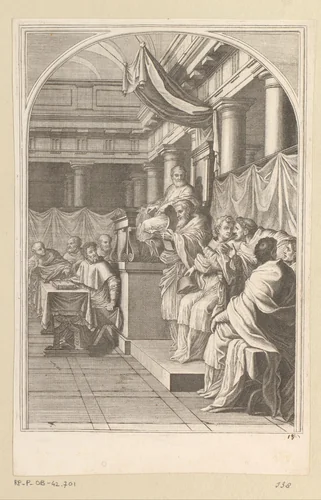 Paus Victor III bevestigt de orde der Kartuizers by François Chauveau, print, 1623-1676