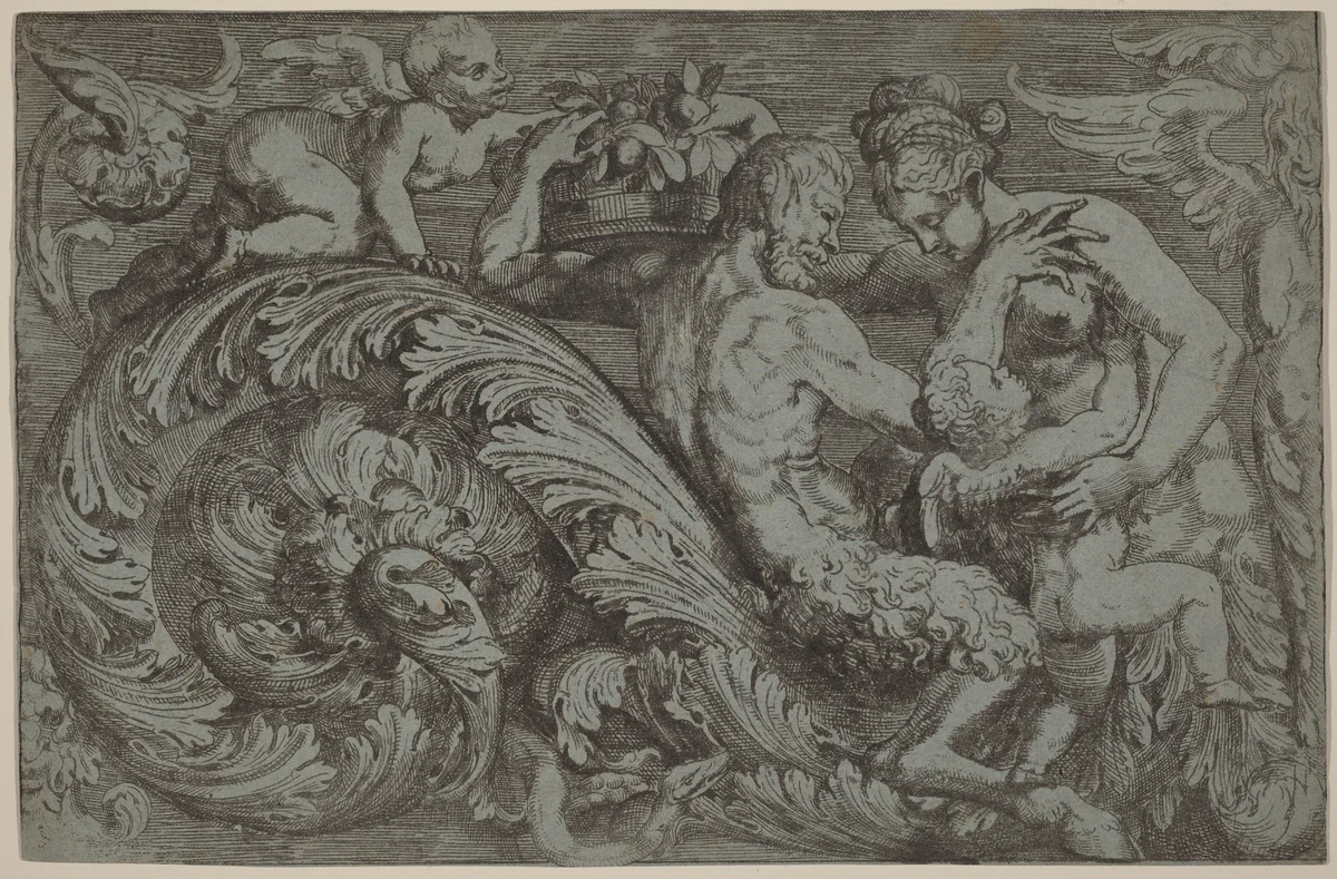 Decorative Panel with Mythological Figures by Angelo Falconetto, print, 1555-1565