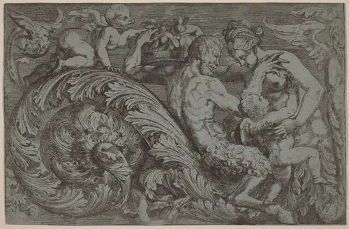 Decorative Panel with Mythological Figures by Angelo Falconetto, print, 1555-1565