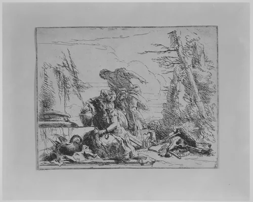 Chained Woman and Other Figures Regarding a Pyre of Bones, from the "Capricci" by Giovanni Battista Tiepolo, print, 1743
