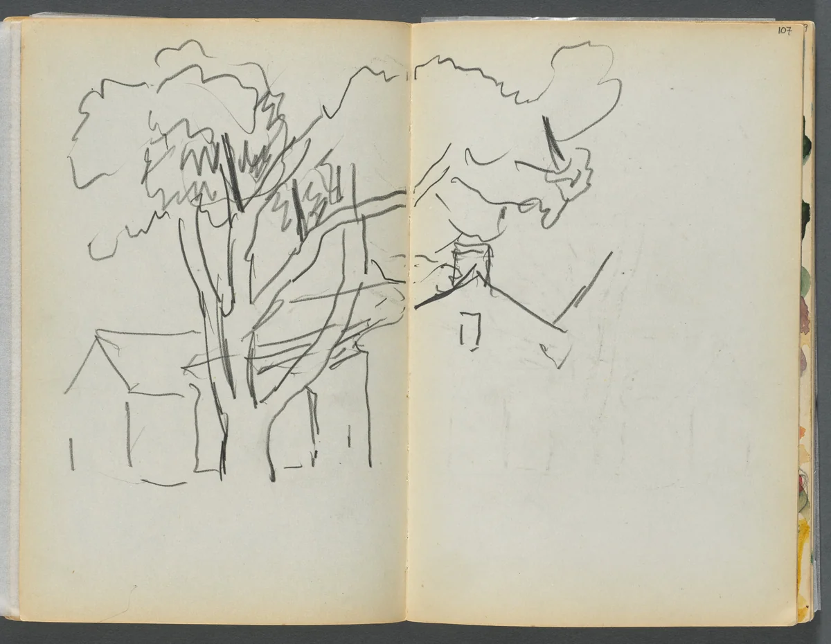 Sketchbook- The Granite Shore Hotel, Rockport, page 106 & 107: Tree with Houses by Maurice Prendergast, book, 1905-1910