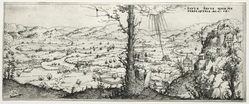 Landscape with the conversion of saulus by Augustin Hirschvogel, print, 1545