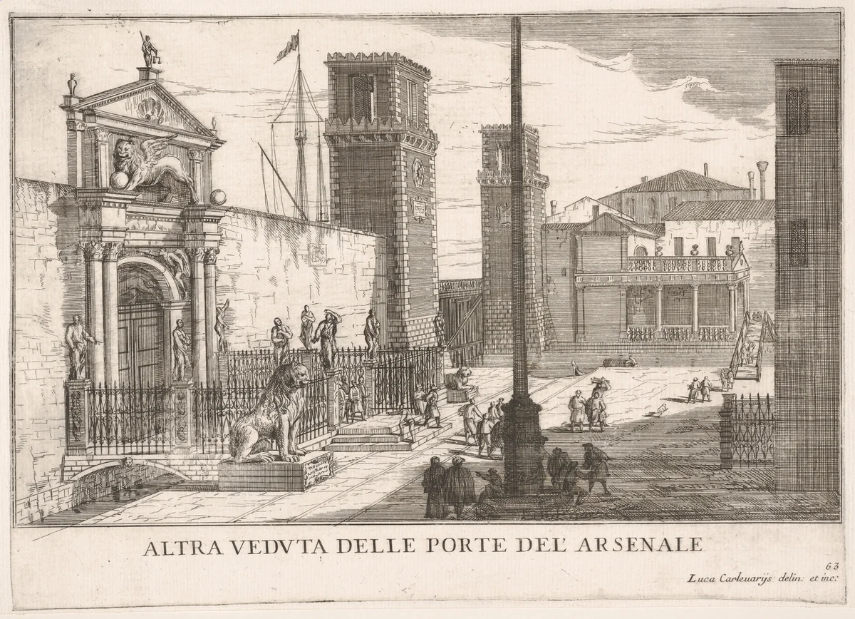 Plate 63: View of the gate of the shipyard and armory complex (Arsenale), Venice, 1703, from "The buildings and views of Venice" (Le fabriche e vedute di Venezia) by Luca Carlevaris, print, 1703