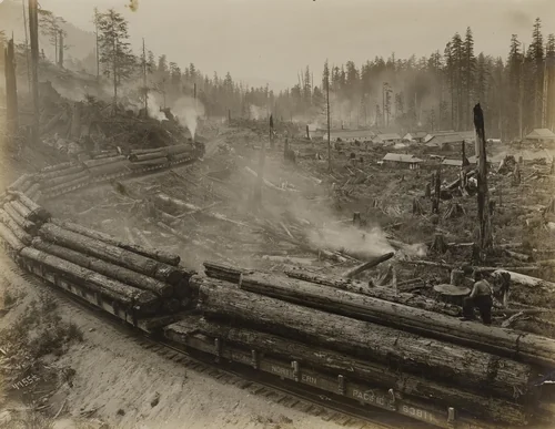 Train of logs on a horseshoe curve along the ragged mountain side - large logging camp at edge of woods in background by Darius Kinsey, photograph, 1910