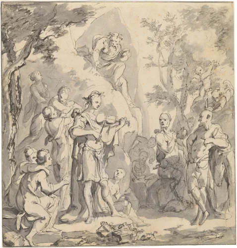The Contest between Apollo and Pan before King Midas by Johann Spillenberger, drawing, 1670
