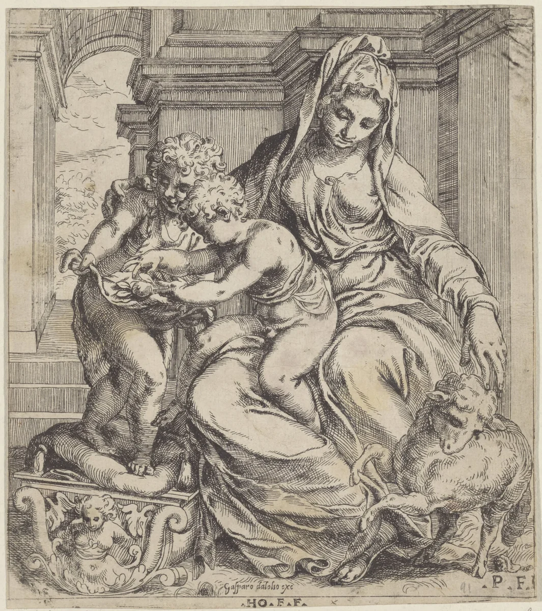 Maria met Kind en de jonge Johannes de Doper by Unknown, print, 1569-1616