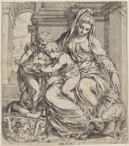 Maria met Kind en de jonge Johannes de Doper by Unknown, print, 1569-1616