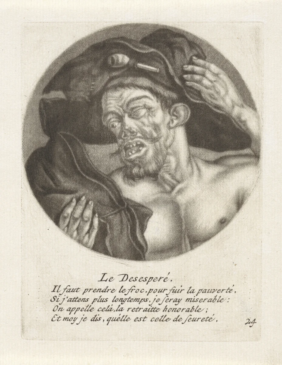 Monnik met habijt in de hand by Jacob Gole, print, 1670-1724