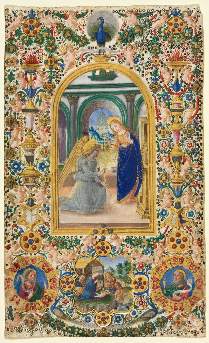 Leaf from a Book of Hours: Annunciation, Nativity and Two Prophets by Master of Riccardiana 231, manuscript, 1480-1490