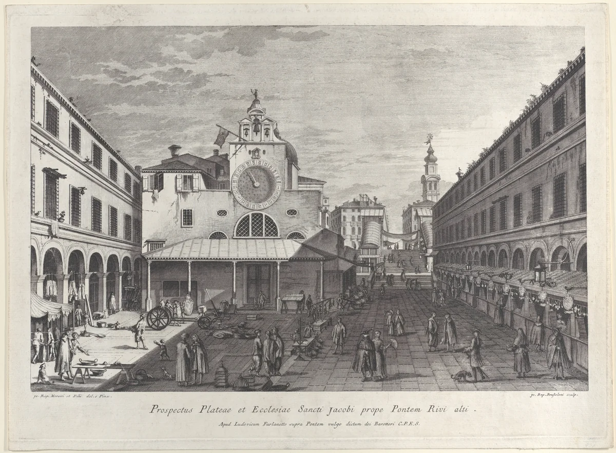 The Church of San Giacomo di Rialto, at right Palazzo dei Dieci and the bridge of Rialto by Giovanni Battista Brustolon, print, 1763