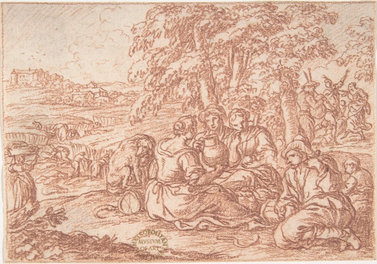 August (one of a series representing the labors of the months) by Jonas Umbach, drawing, 1690