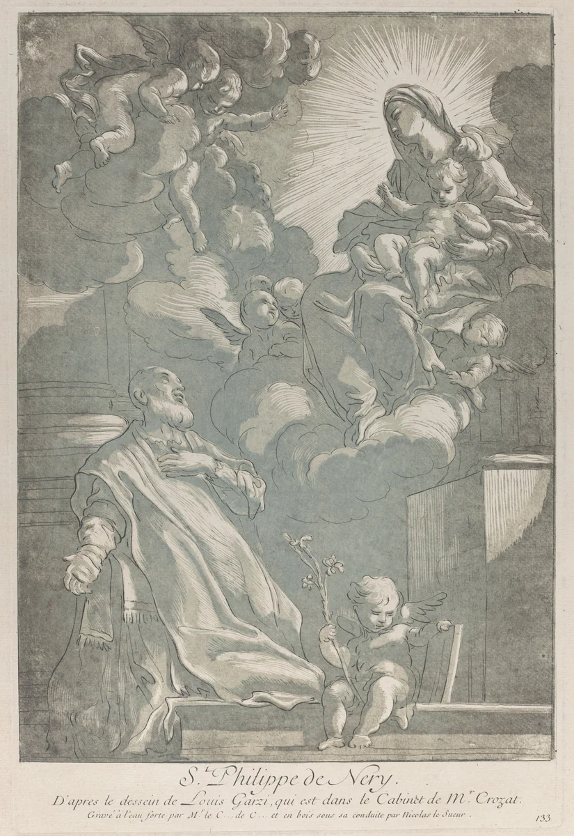 Saint Philip Neri, kneeling at left, with the Virgin and child appearing at upper right by Nicolas Le Sueur, print, 1724-1734