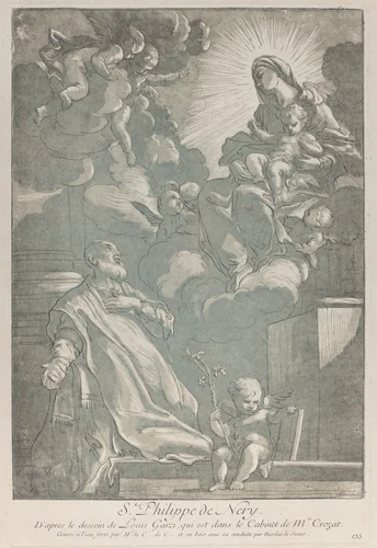 Saint Philip Neri, kneeling at left, with the Virgin and child appearing at upper right by Nicolas Le Sueur, print, 1724-1734
