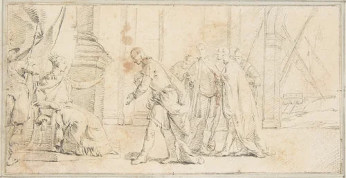 Illustration for a Book: Queen of Port City Receiving Envoys by Giovanni Battista Tiepolo, drawing, 1696-1770