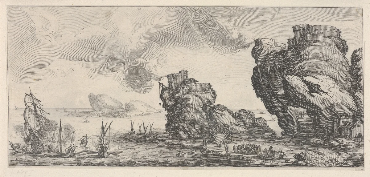 Naval battle with ruined ship and smoking battlements, from "Italian landscapes" (Diverse vedute designate in Fiorenza / Paysages italiens) by Jacques Callot, print, 1618-1635