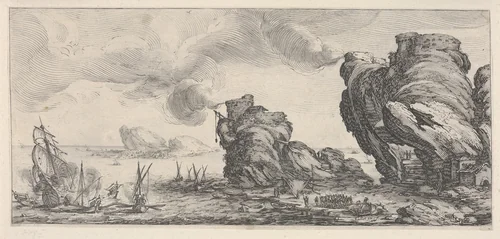 Naval battle with ruined ship and smoking battlements, from "Italian landscapes" (Diverse vedute designate in Fiorenza / Paysages italiens) by Jacques Callot, print, 1618-1635