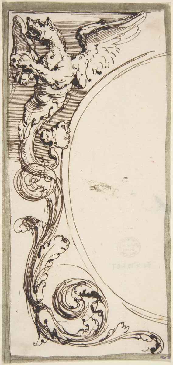 Left Half of a Cartouche with Griffin and Acanthus Scroll by Carlo Bianconi, drawing, 1732-1802