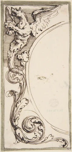 Left Half of a Cartouche with Griffin and Acanthus Scroll by Carlo Bianconi, drawing, 1732-1802