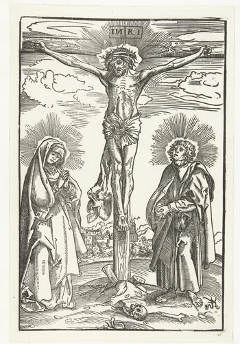 Christus aan het kruis tussen Maria en Johannes de Evangelist by anonymous, print, 1508-1603