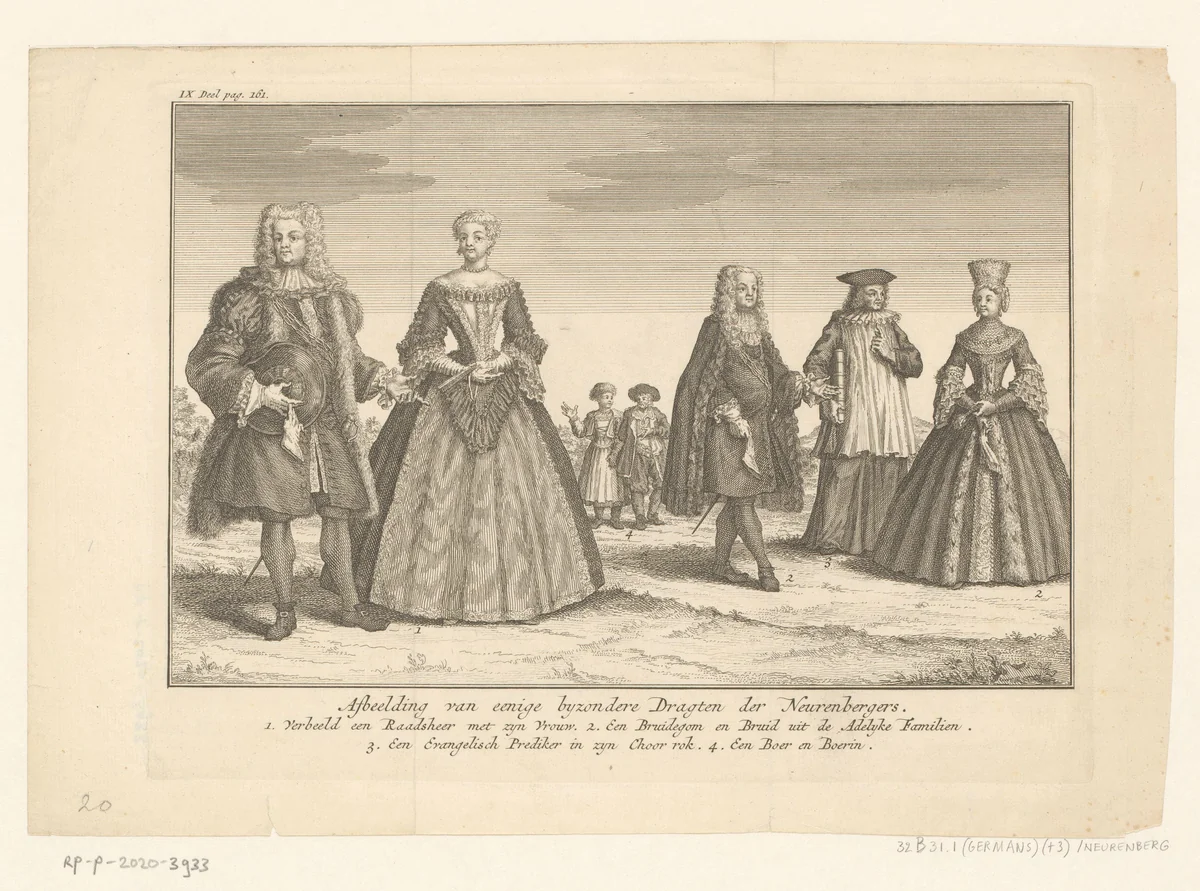 Zeven figuren uit Neurenberg by anonymous, print, 1670-1750