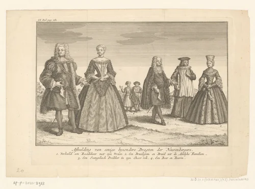 Zeven figuren uit Neurenberg by anonymous, print, 1670-1750