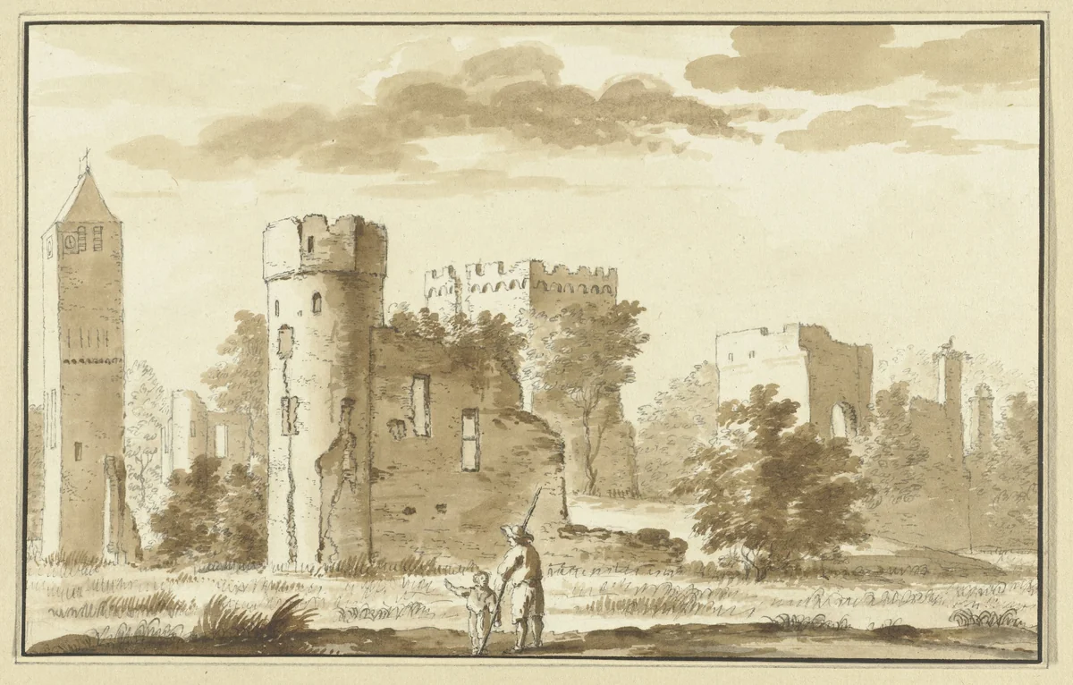 Ruïne van het kasteel Egmond, aan de zuidzijde by Abraham Rademaker, drawing, 1685-1735