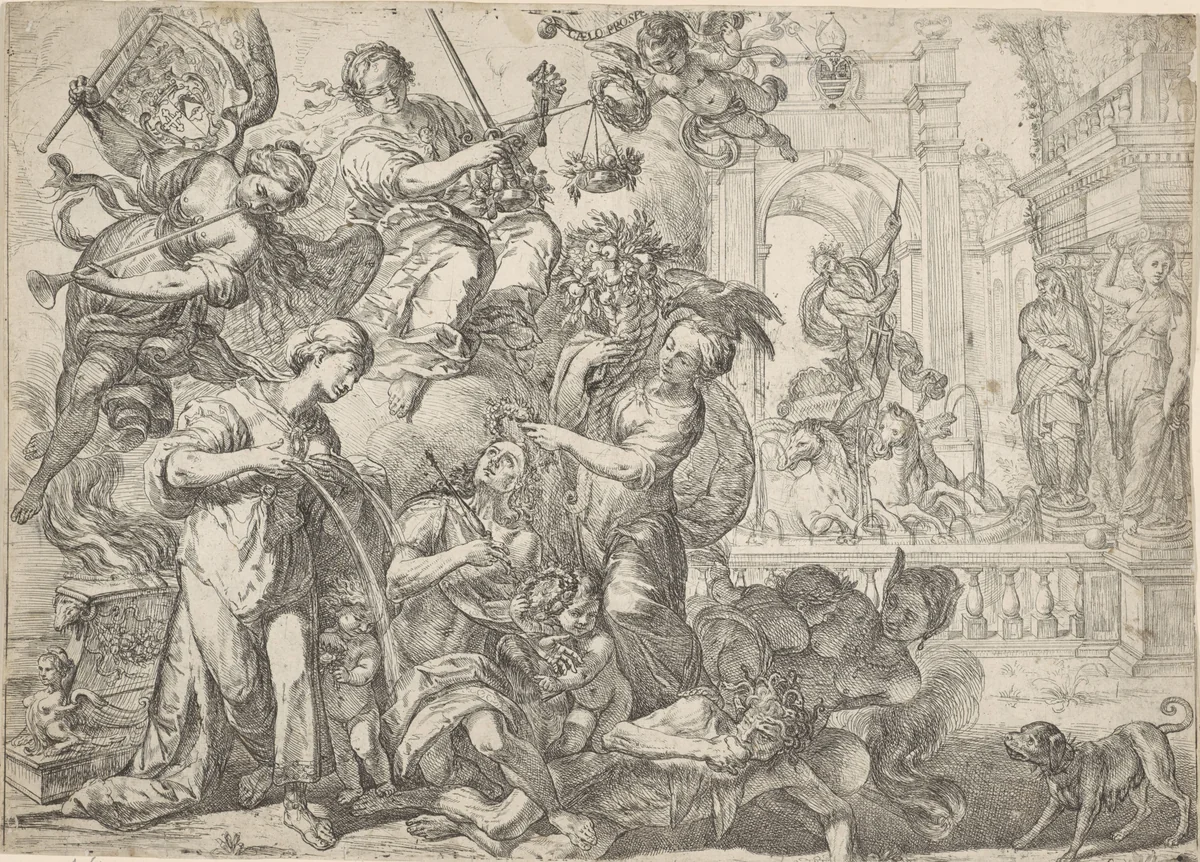 Allegorische voorstelling van de vrede by Remoldus Eynhoudts, print, 1623-1679