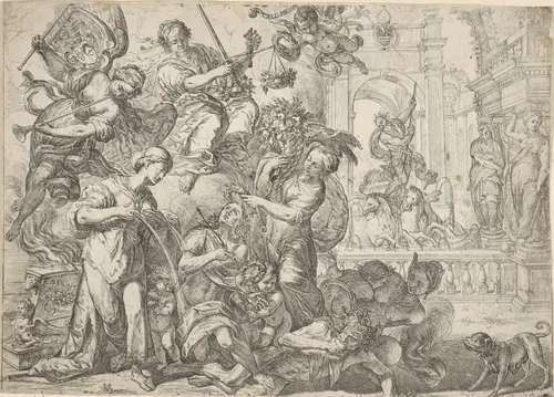 Allegorische voorstelling van de vrede by Remoldus Eynhoudts, print, 1623-1679