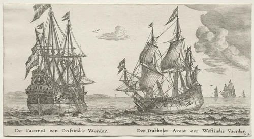 Various Ships and Views of Amsterdam (Verscheÿde Schepen en Gesichten van Amstelredam), Part II: The Pearl and East Indiaman, The Double Eagle, a West Indiaman by Clement de Jonghe, print, 1652-1654