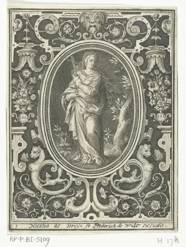 Geloof in ovale lijst binnen rechthoekige omlijsting met ornamenten by Unknown, print, 1581-1656