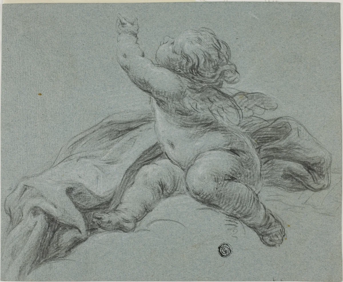 Putto Seated Beside Drapery, Reaching Upwards by Etienne Parrocel, drawing, 1700-1799